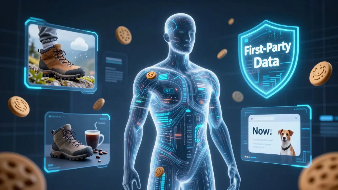 Human silhouette surrounded by AI-generated personalized ads and a shield of first-party data.