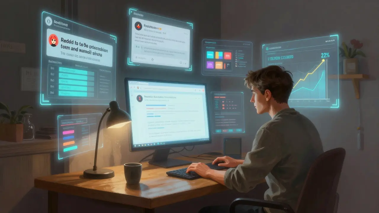 Marketer surrounded by floating AI-generated marketing content like headlines and SEO clusters.