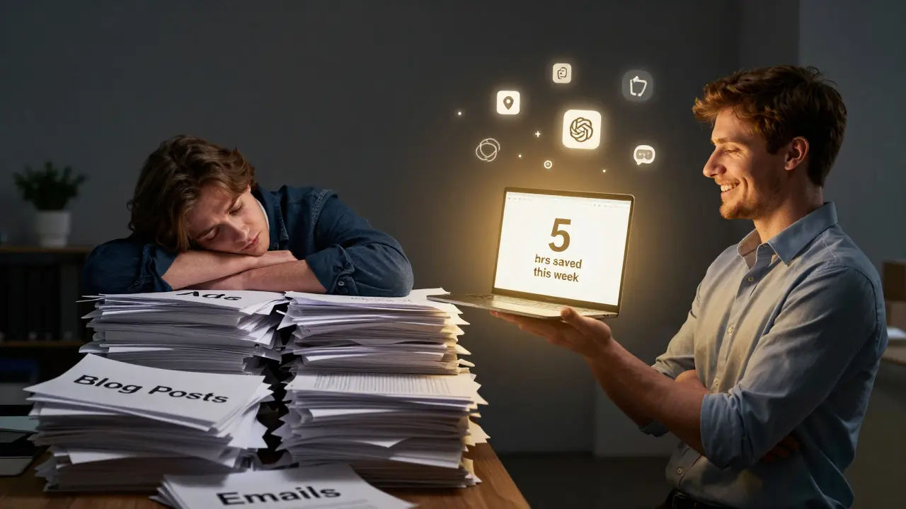 Split scene: overwhelmed marketer vs. empowered marketer with AI lifting their content workload.