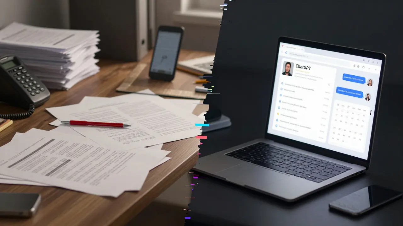 Split-screen comparison: chaotic old-school marketing desk versus streamlined AI-powered workspace.
