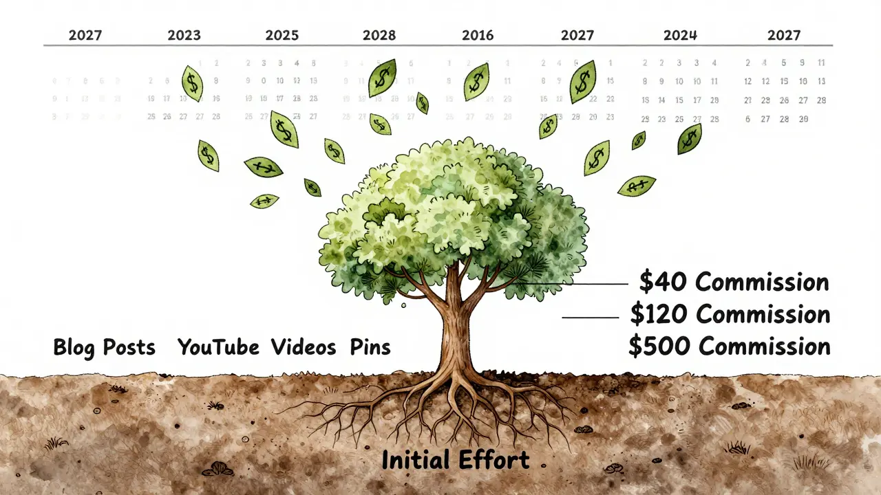 Tree with content types as roots and commission earnings as fruit, illustrating long-term passive income growth.