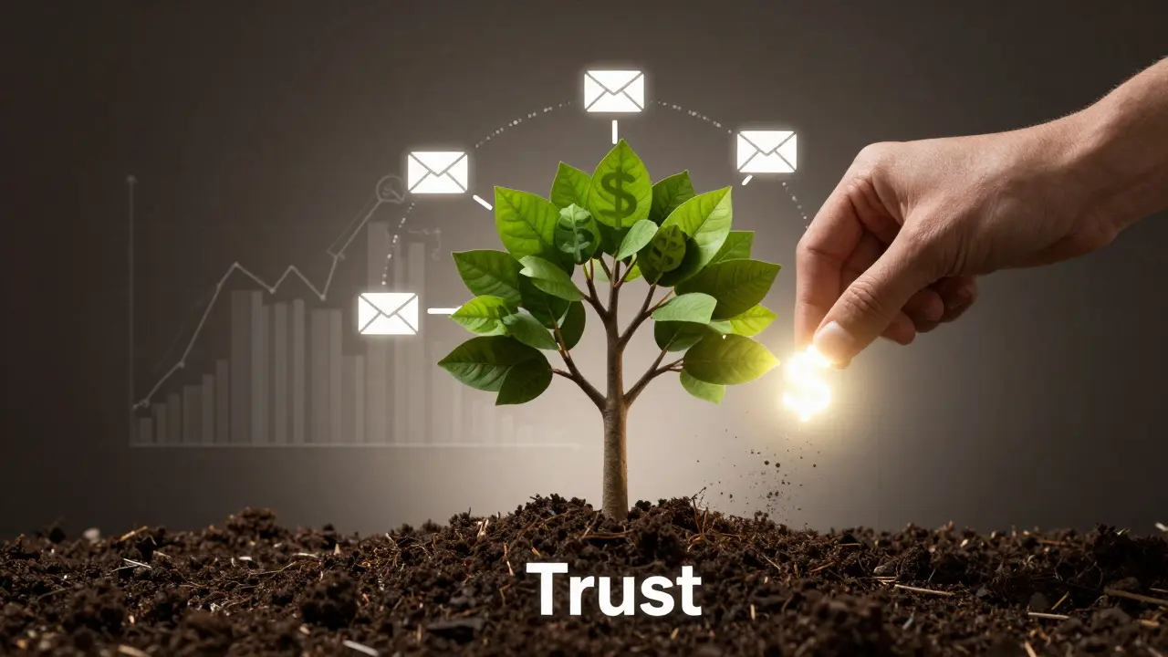 A glowing affiliate link nurturing a tree with dollar-sign leaves, while a crumbling algorithm fades in the background.