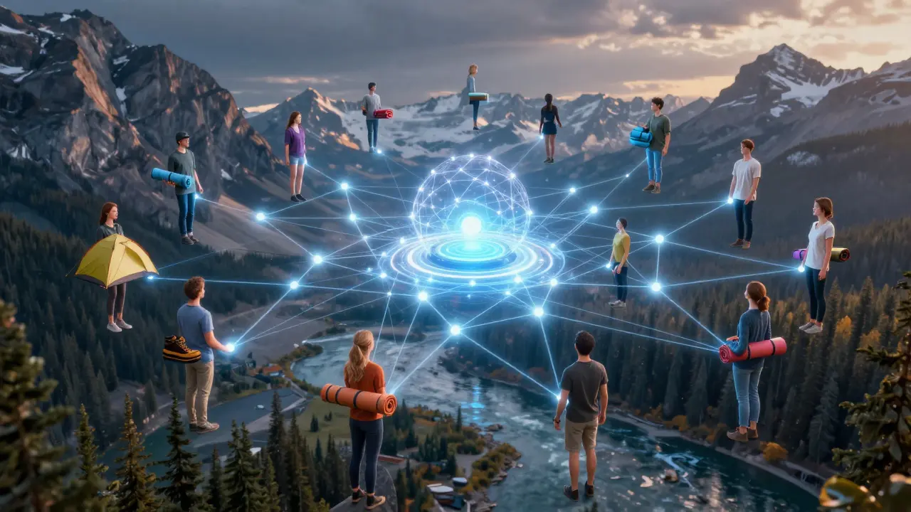 A glowing neural network connecting customer avatars to an AI hub, with Canadian landscapes in the background.