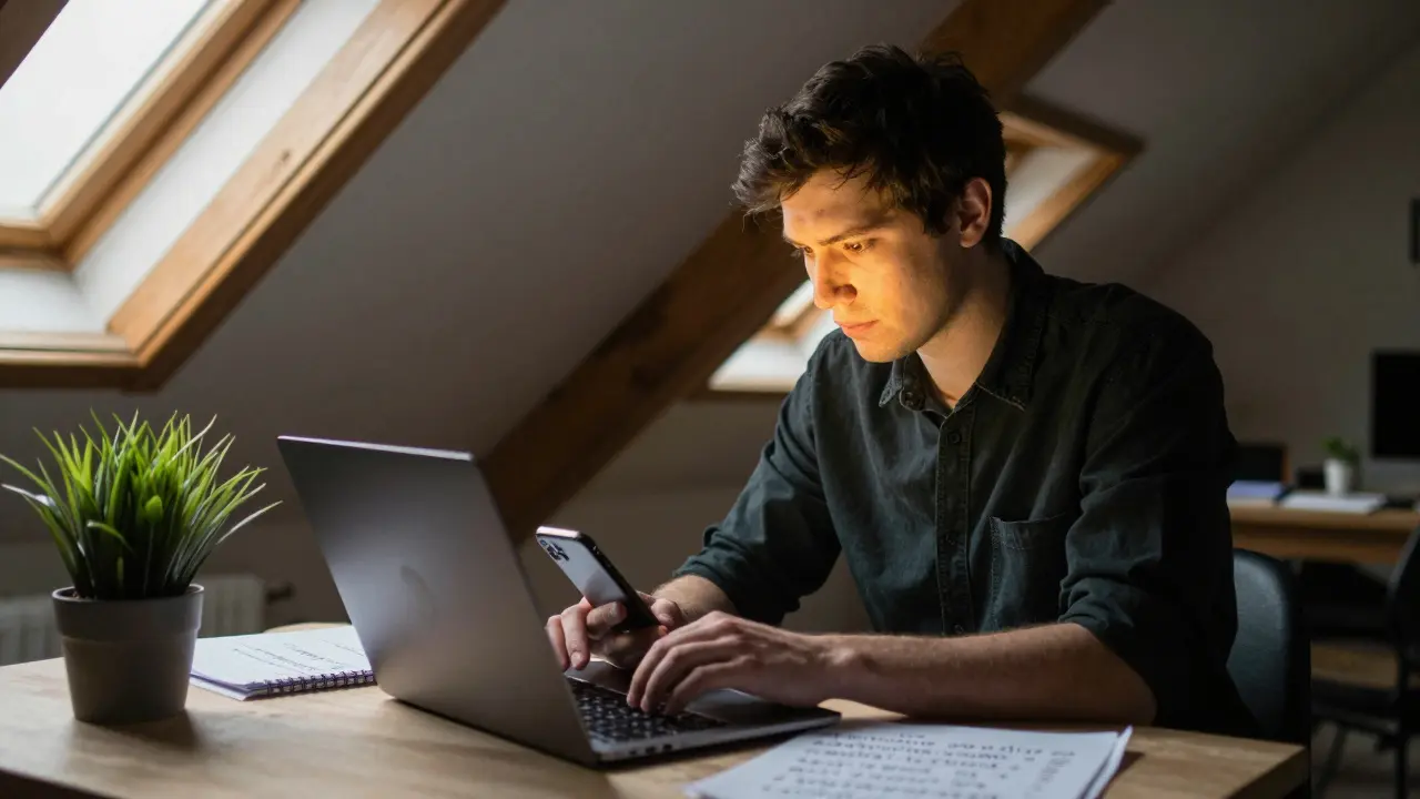 A lone entrepreneur in a quiet attic works on a laptop, illuminated by the glow of successful social media analytics.