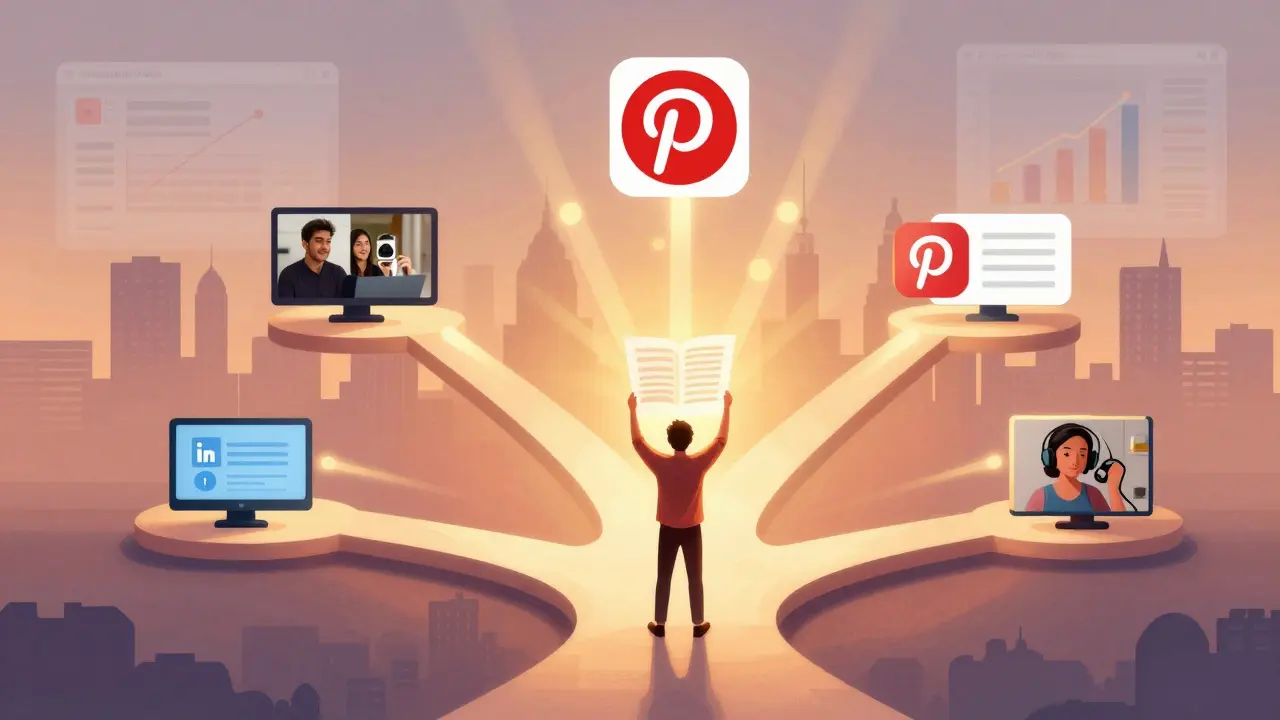 A person at the center of branching content strategies, with a glowing blog post casting light on YouTube, email, and social media paths.