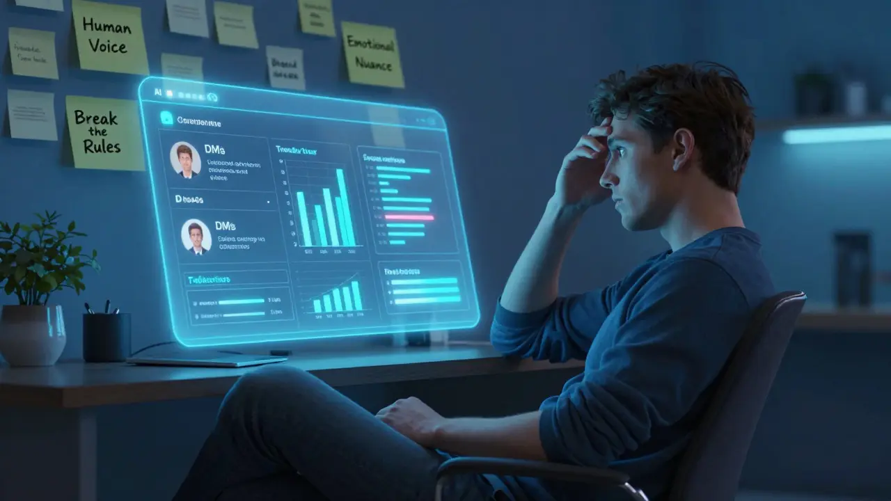 A social media strategist with an AI analytics interface showing trends and brand guidelines.