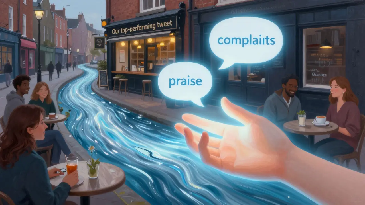Abstract river of Twitter data shaped by a glowing hand into conversation bubbles, with a cozy Leeds coffee shop in background.