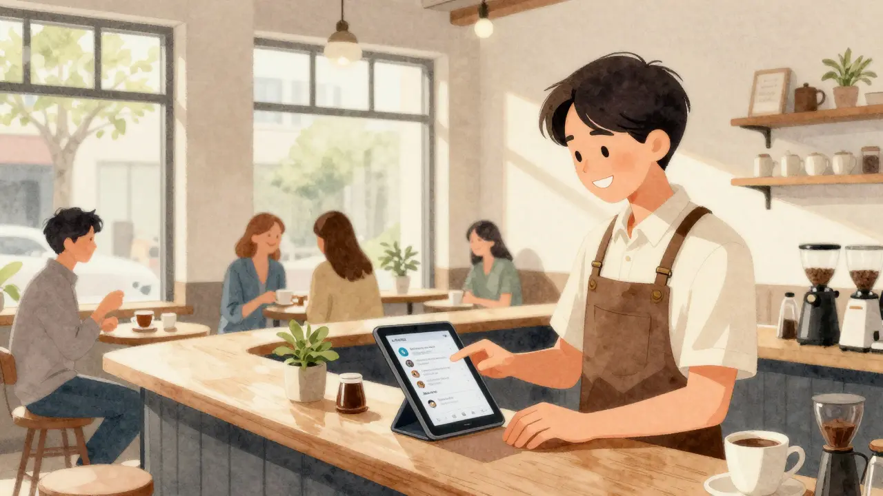 Barista using tablet to automatically respond to café customer messages