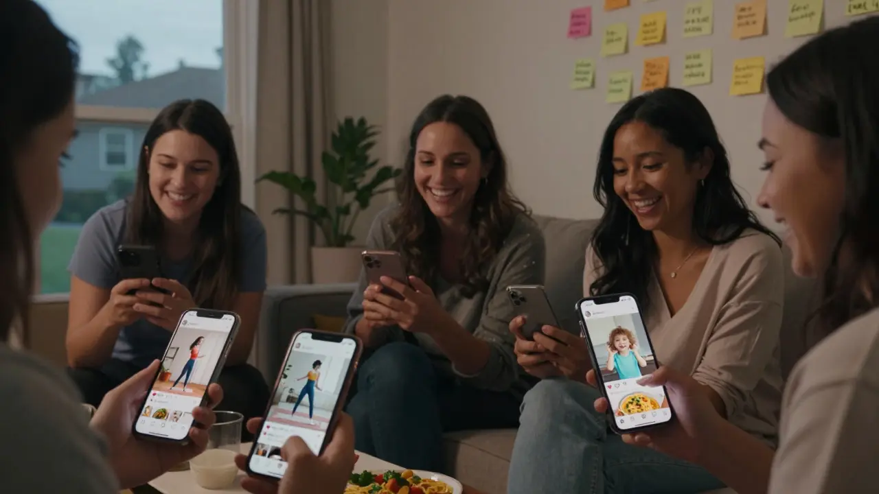 Busy moms laughing at personalized social media posts about parenting and quick workouts.