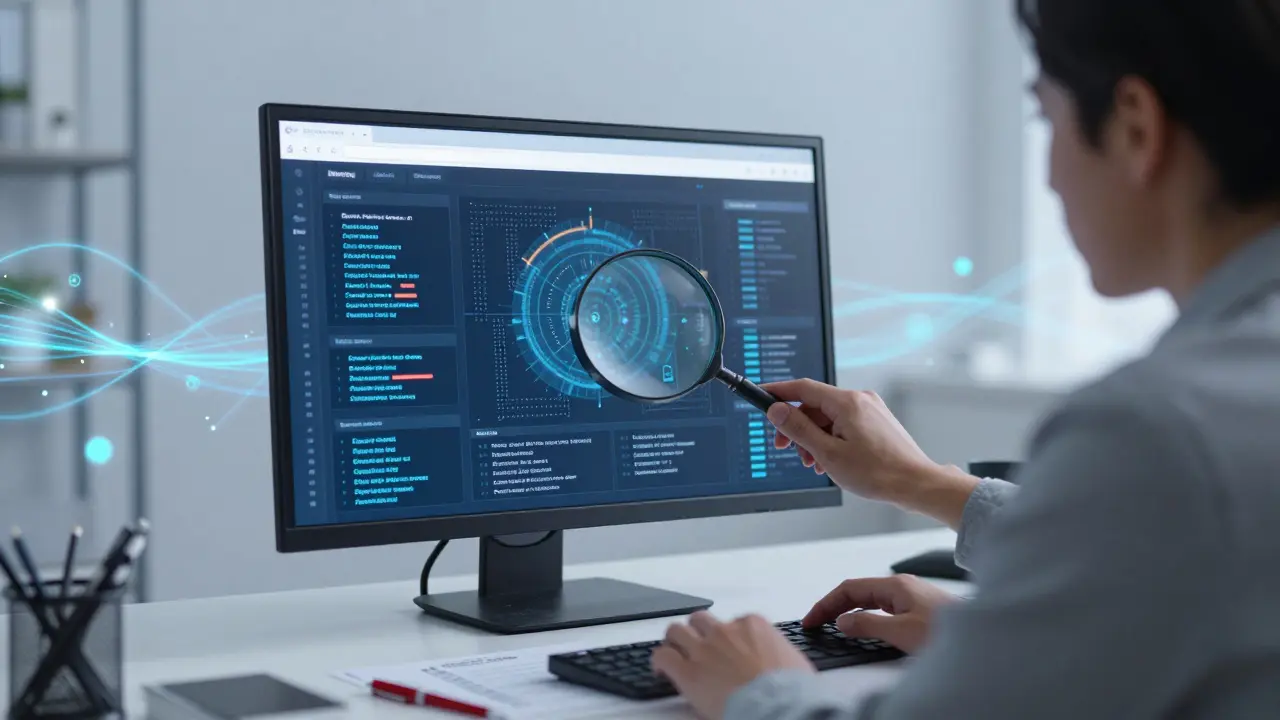 Professional reviewing AI data streams with magnifying glass and checklist