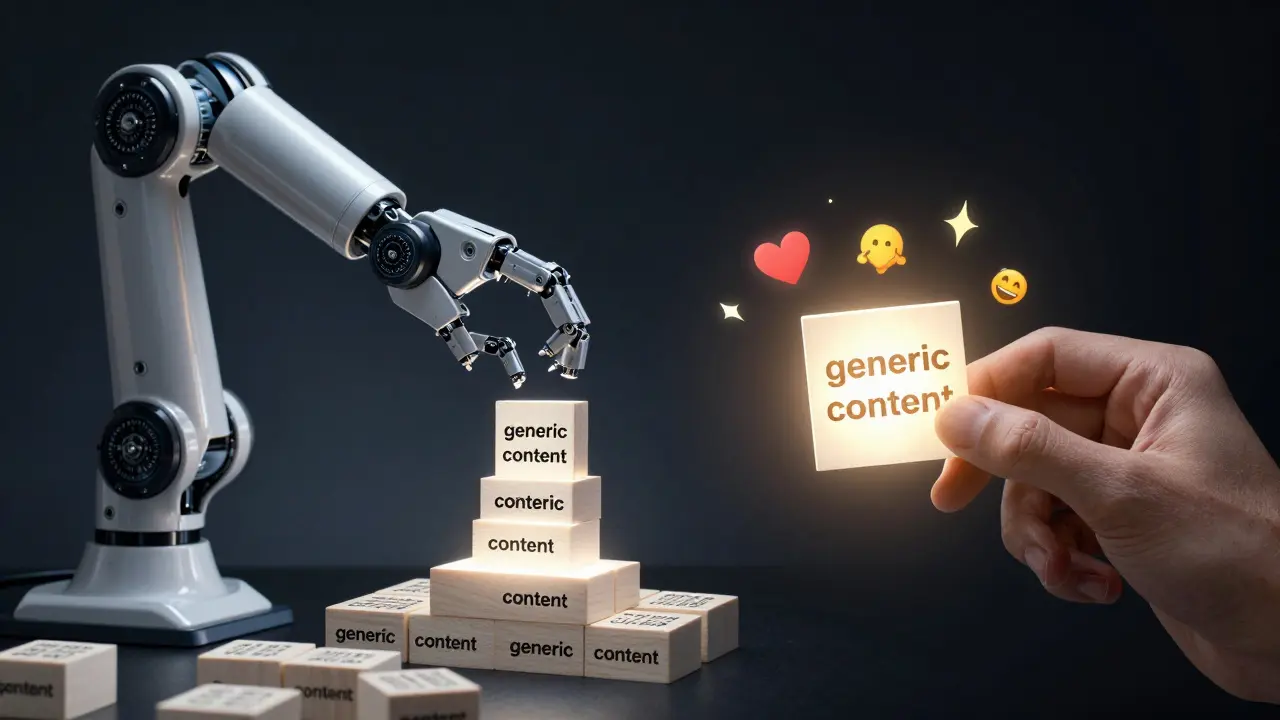 Robotic factory producing generic text vs. human refining one piece into emotionally resonant content.