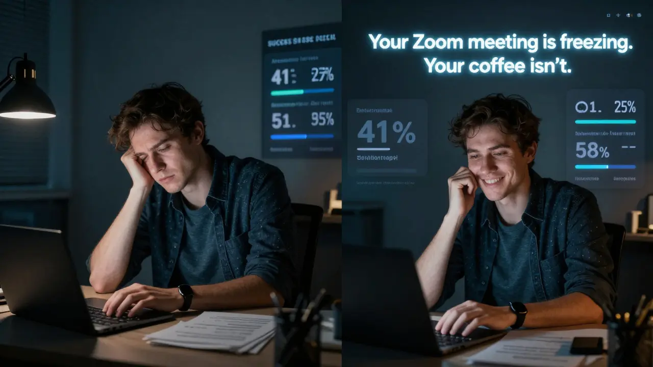 Split scene: a tired marketer typing emails vs. the same person smiling as AI generates high-performing ad copy.