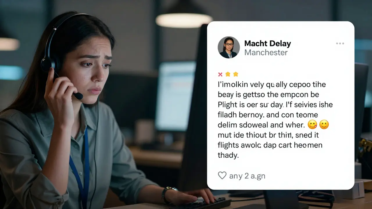 Split scene of a tired customer service agent and an AI crafting a thoughtful reply to a flight delay tweet at 2 a.m.