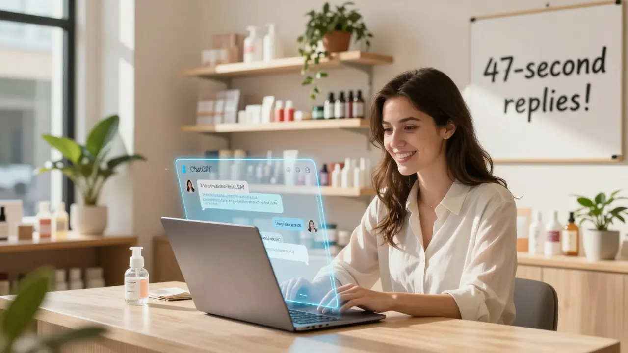 A woman in a boutique watches as ChatGPT transforms messy DMs into thoughtful, branded replies.