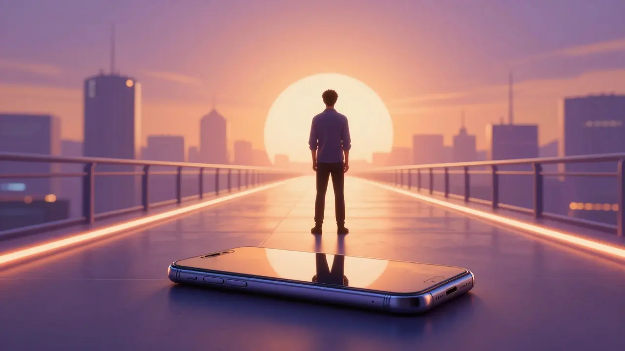 Entrepreneur looking at a futuristic horizon with a smartphone on a digital bridge.