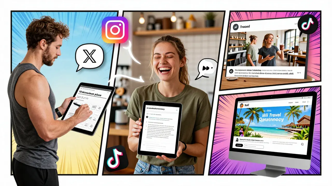 Three scenes show AI helping a coach, coffee shop, and travel agency create personalized social media replies.