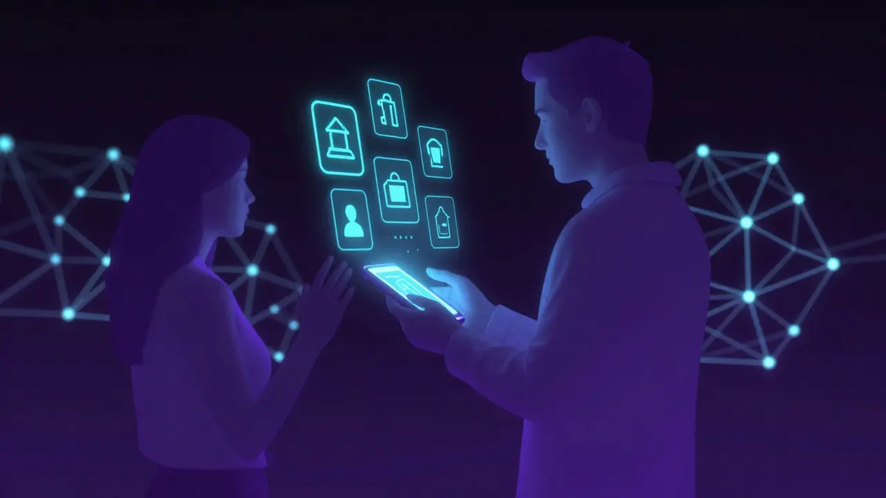 User interacting with holographic AI shopping assistant projections.