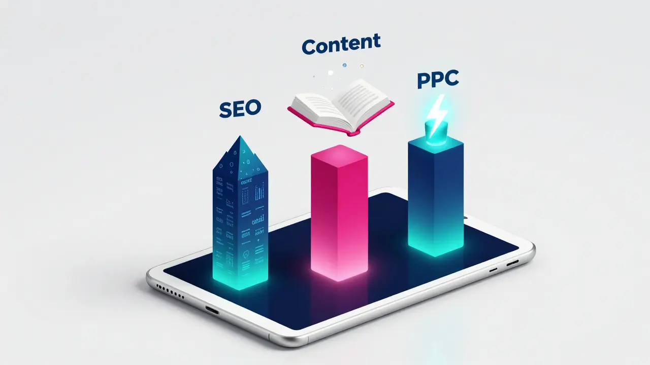 3D isometric illustration of SEO, content marketing, and PPC pillars rising from a tablet.