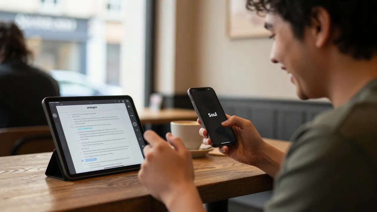 A content creator filming a genuine video in a coffee shop with AI planning on a tablet.