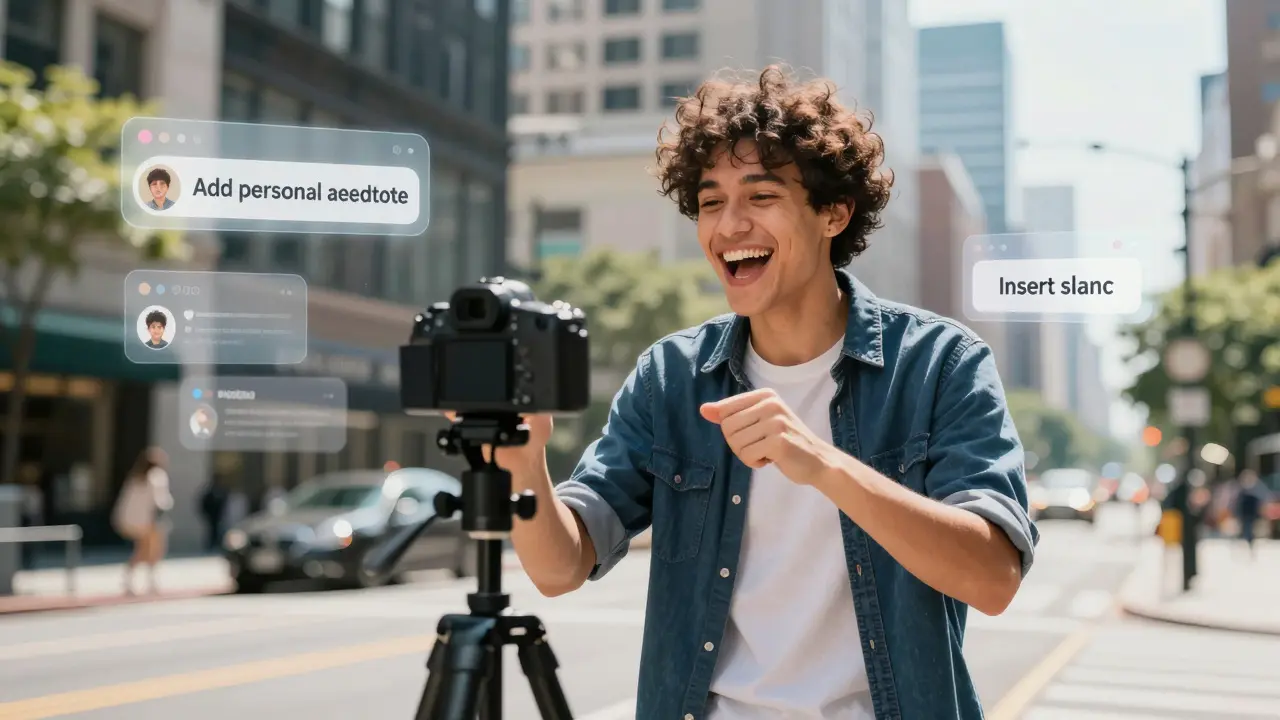 A creator filming a TikTok video with floating AI suggestions for authenticity.