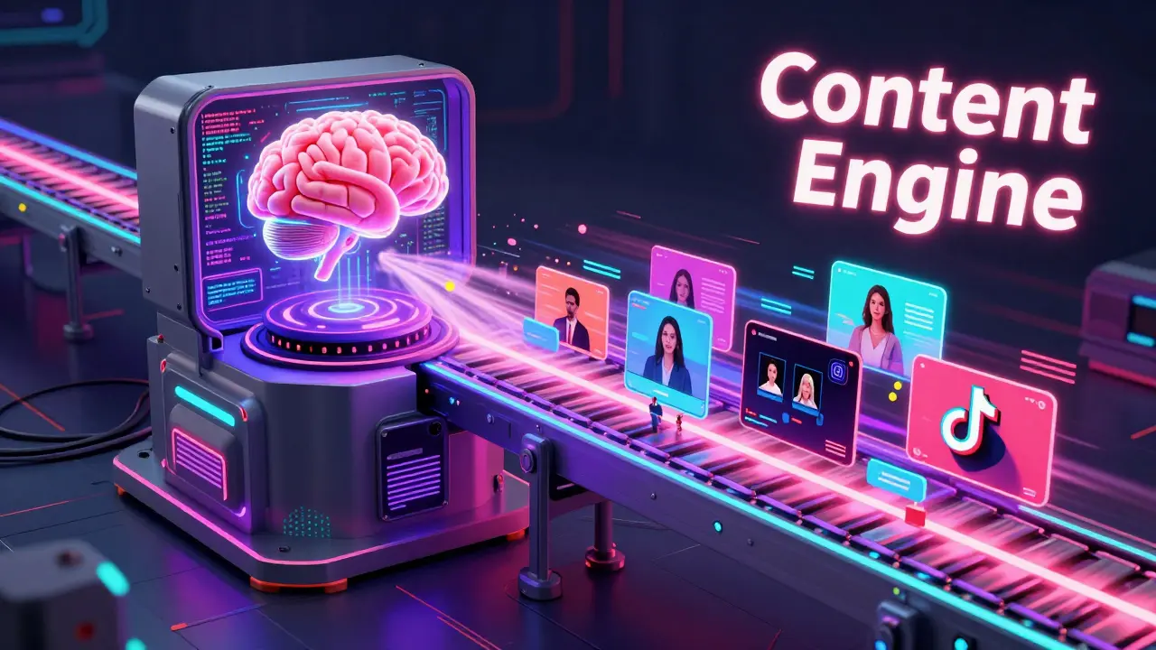 A futuristic 3D machine converting AI data into vibrant short-form videos.