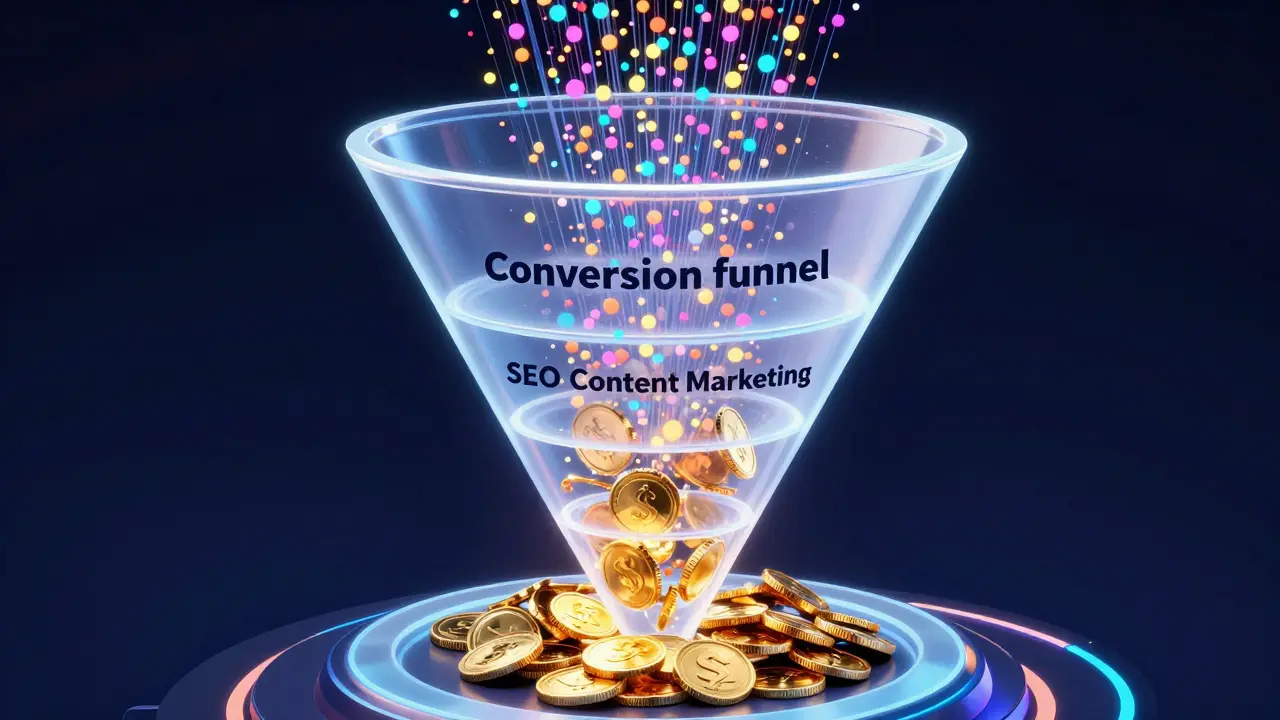 A futuristic 3D visualization of a digital marketing funnel turning traffic into gold
