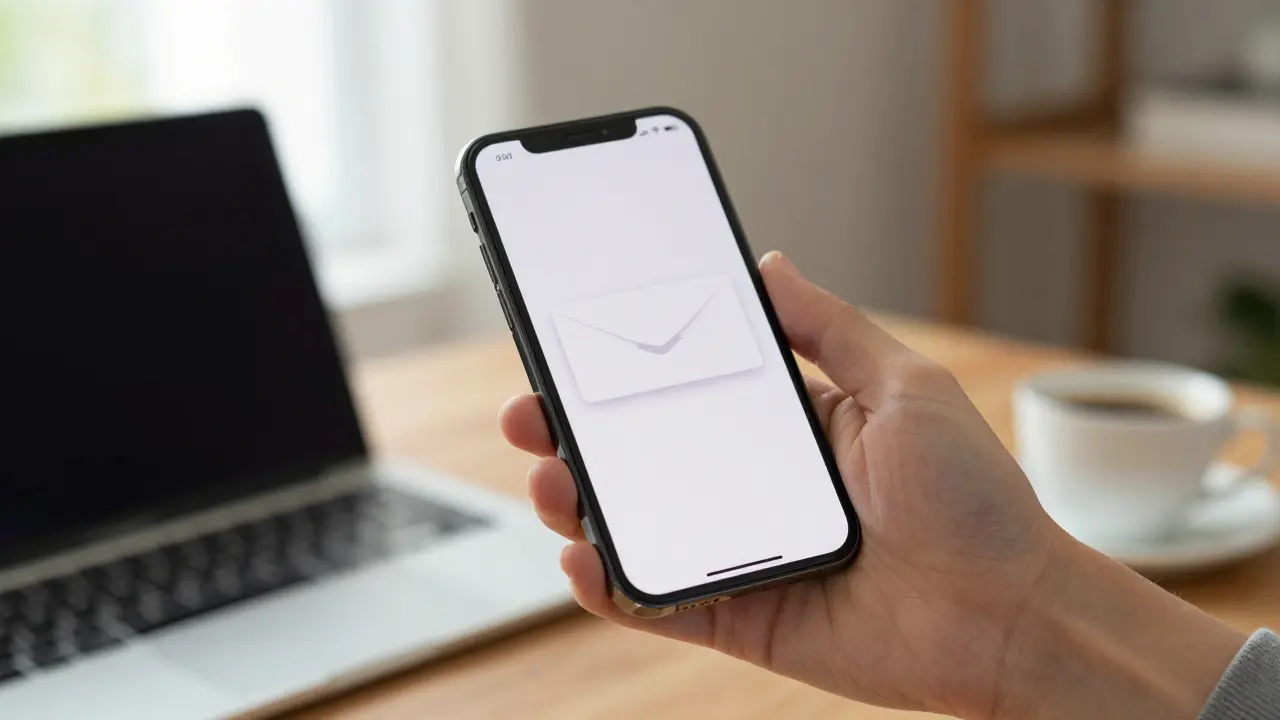 A hand holding a smartphone with a personalized email notification