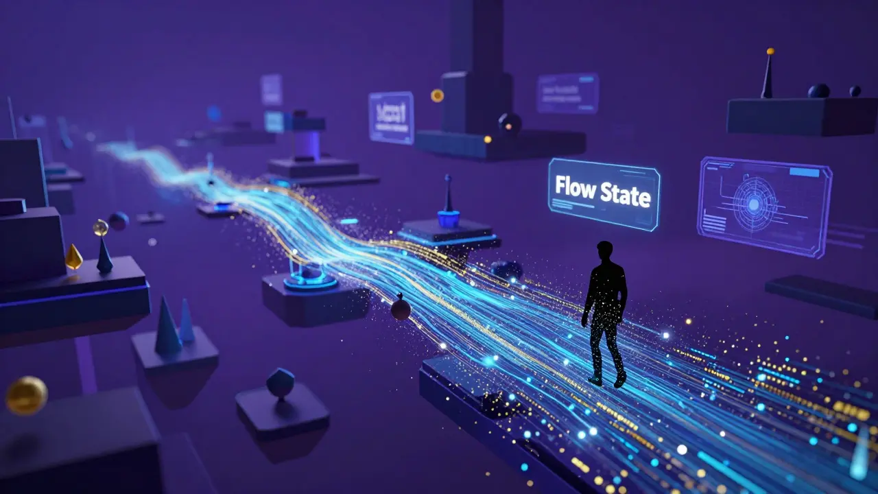 A silhouette of a gamer in a glowing flow state with integrated holographic ads in a virtual world.