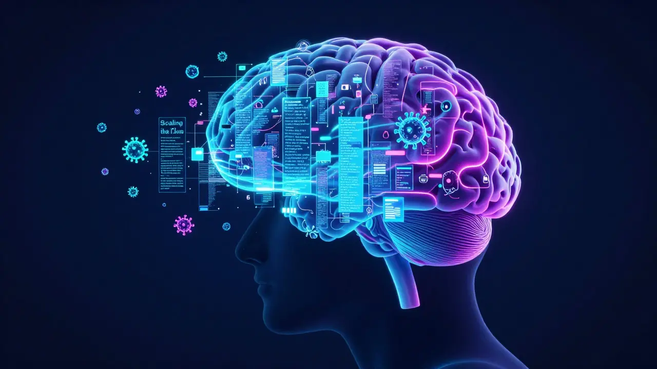 Conceptual art of a human head merging with holographic data streams and content pillars.