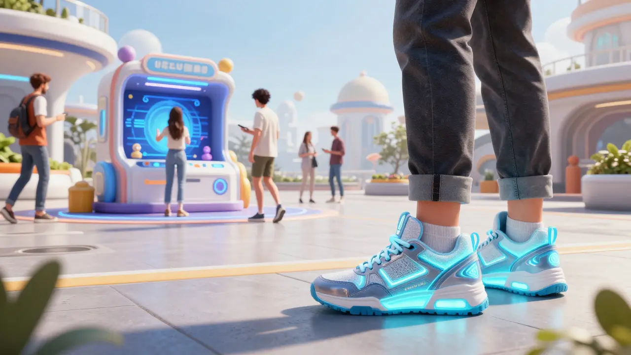 Digital avatars in a metaverse plaza wearing branded virtual sneakers and interacting with a playable ad.