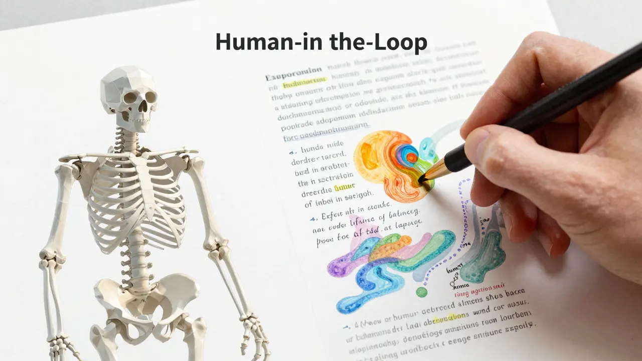 Digital illustration of a human adding creative detail to an AI-generated content skeleton