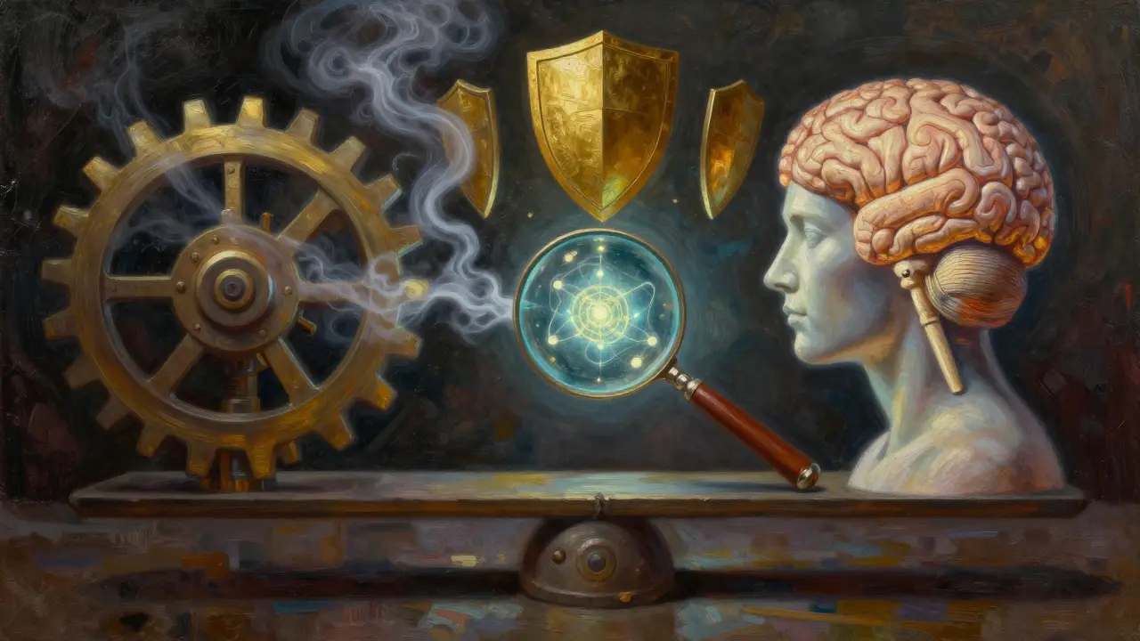 Gear and brain balanced by security shield and magnifying glass.