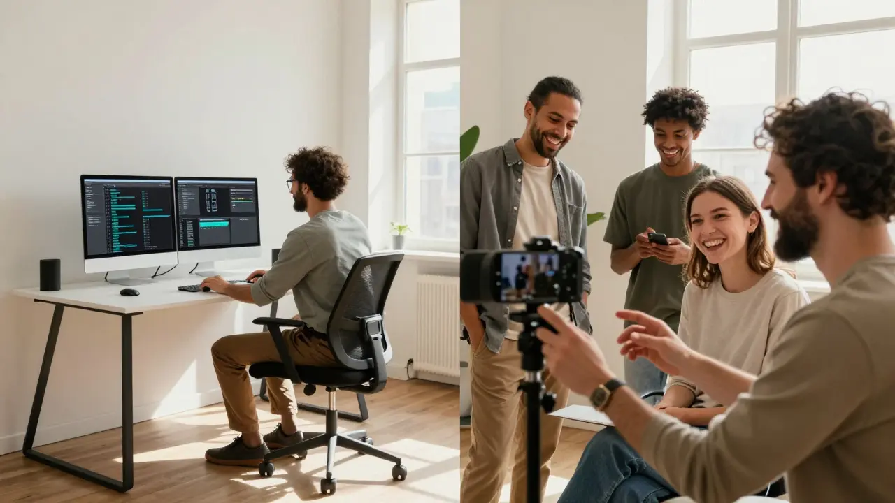 Team filming an authentic behind-the-scenes video in a bright, modern creative studio