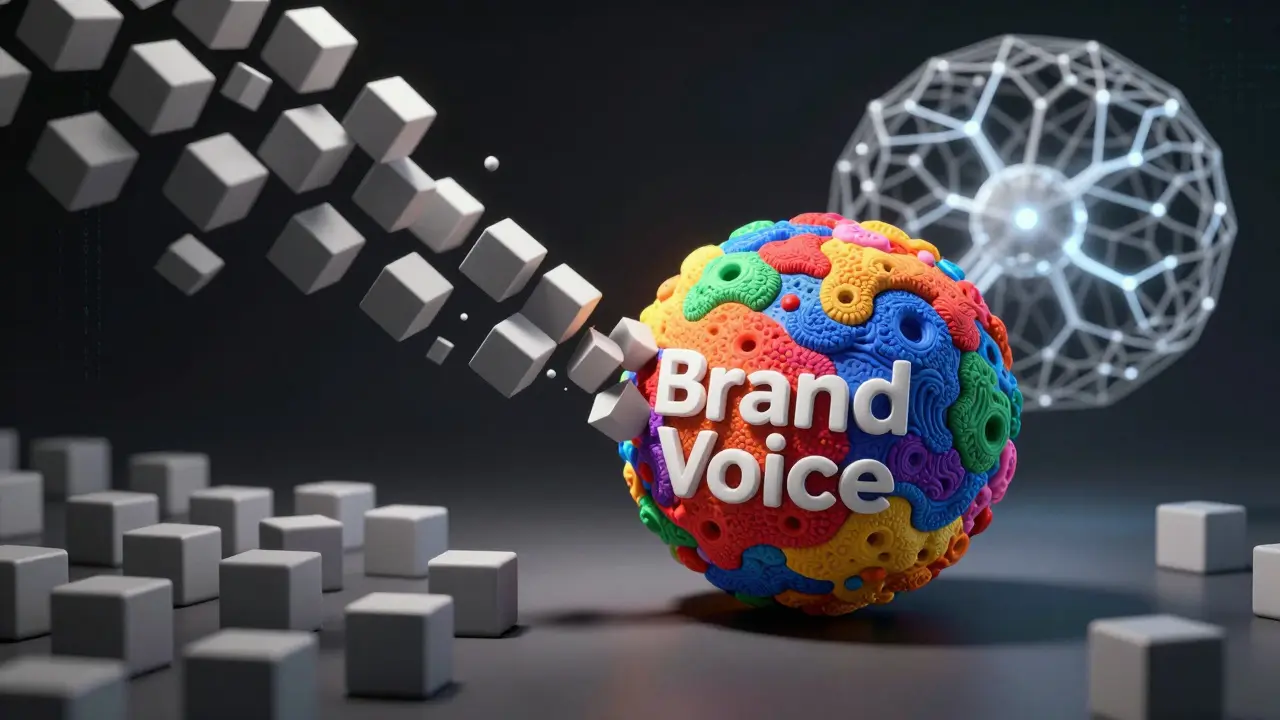 Abstract visualization of unique brand identity being diluted by uniform AI-generated content.
