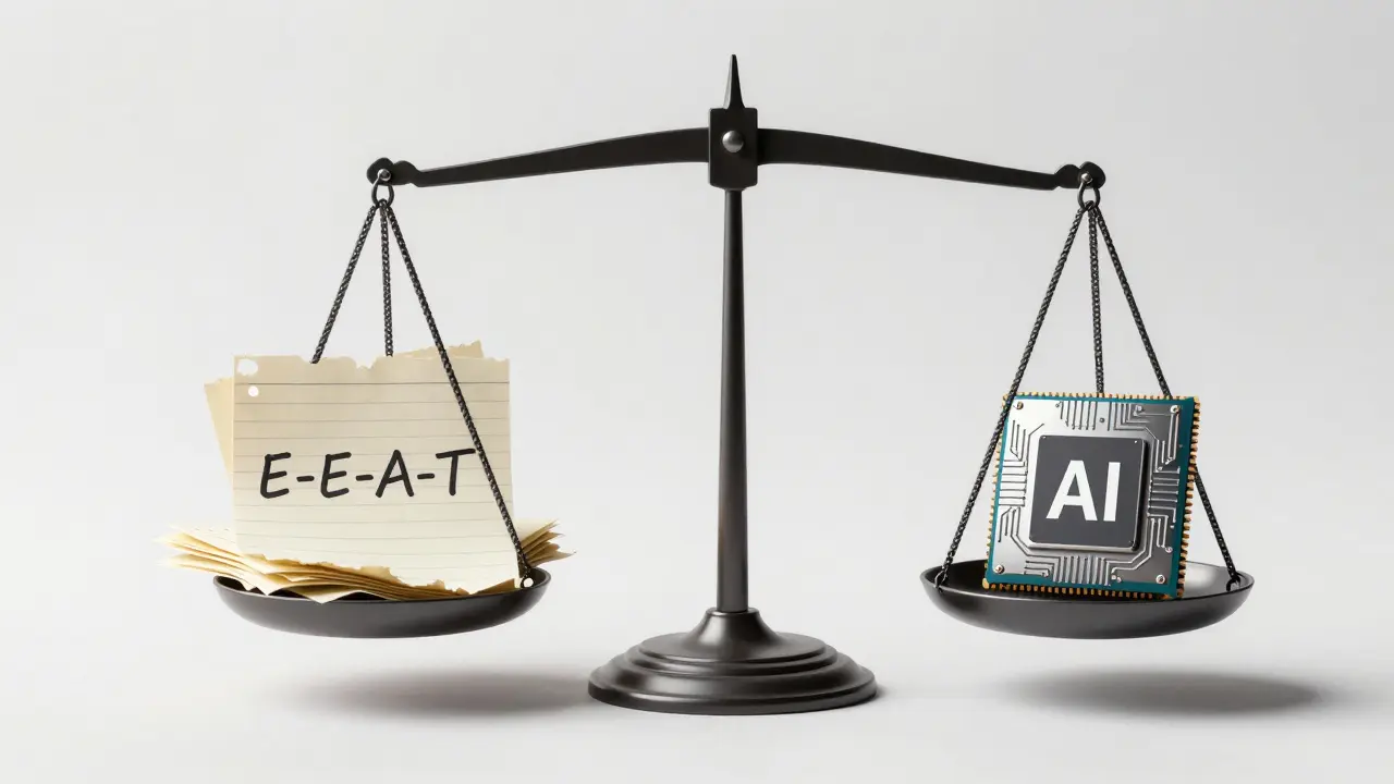 Balance scale weighing human experience against AI technology chips