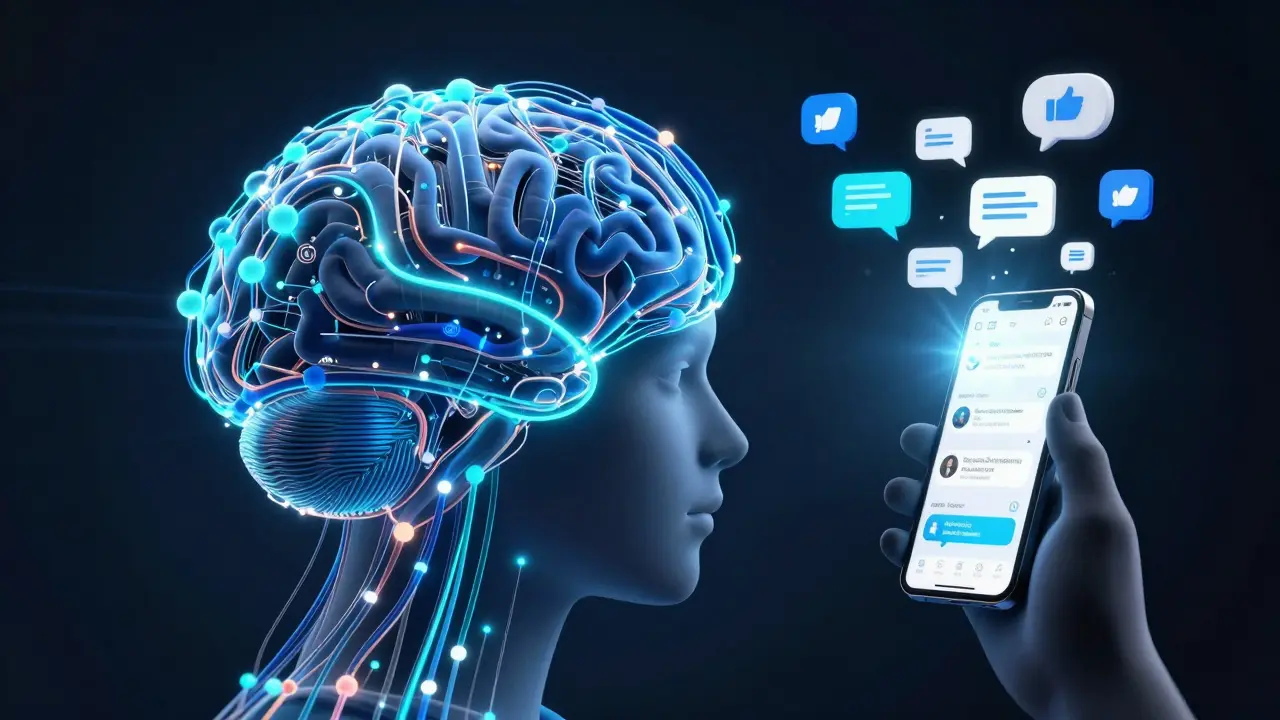 Digital brain merging with human holding phone emitting engagement icons
