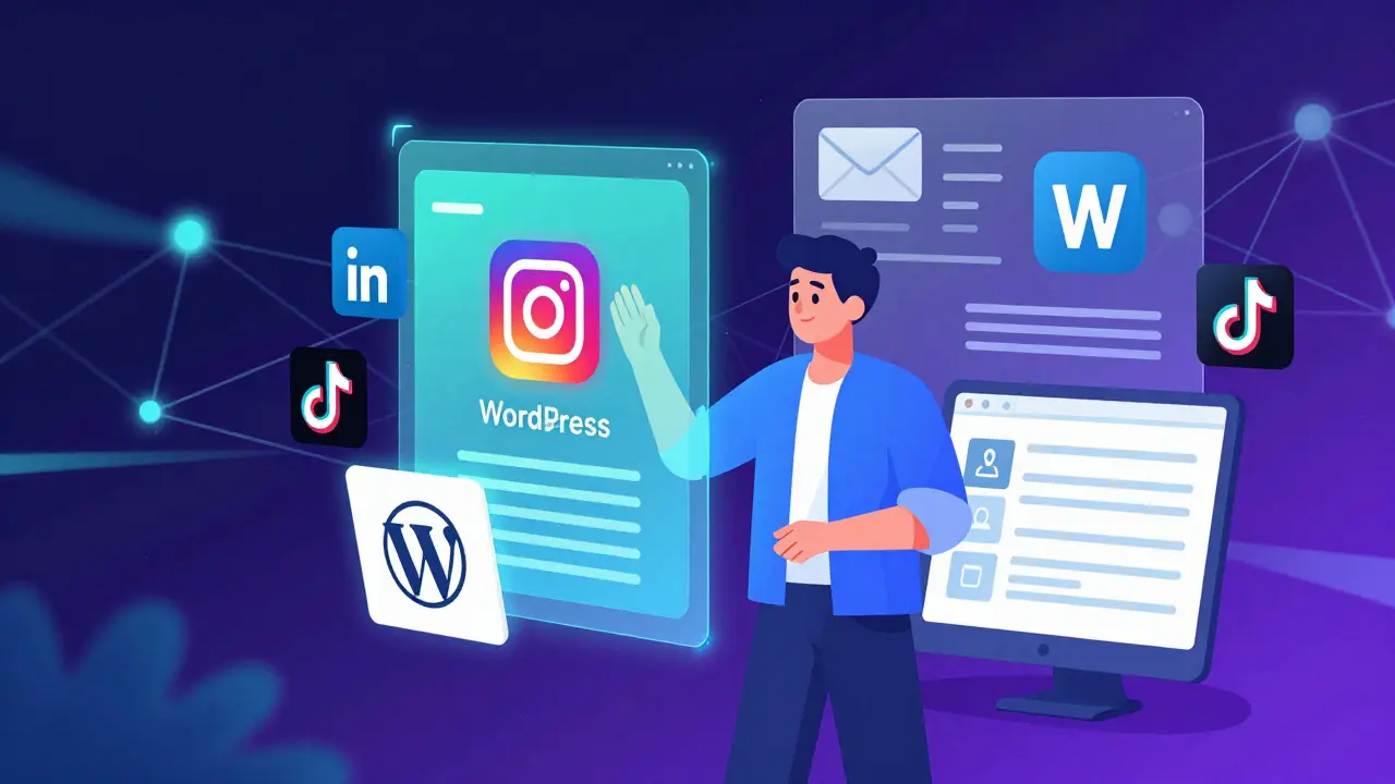 Futuristic illustration of integrated digital marketing tools and workflows.
