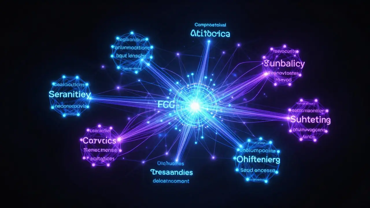 Glowing neural network visualization of semantic keyword clusters