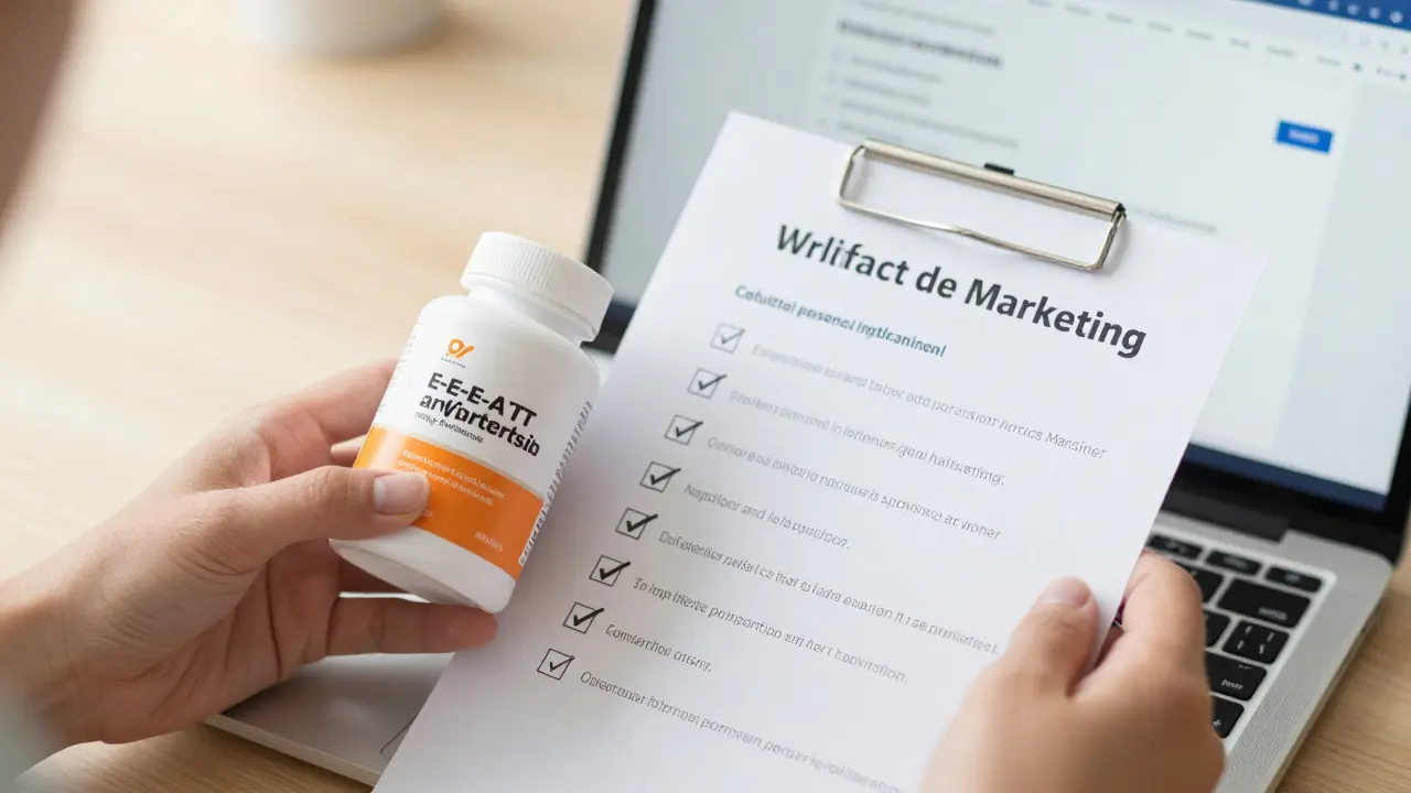 Hands holding product next to checklist verifying affiliate claims