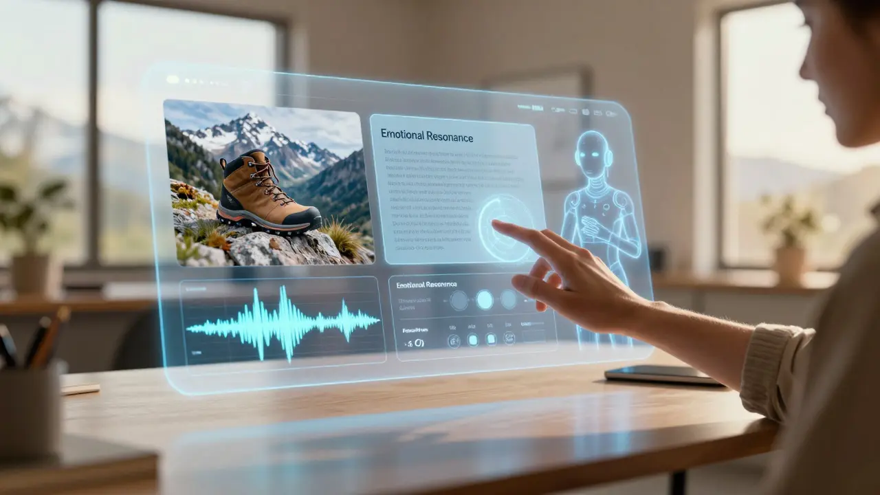Human hand adjusting emotional parameters on a holographic multi-modal ad campaign interface.