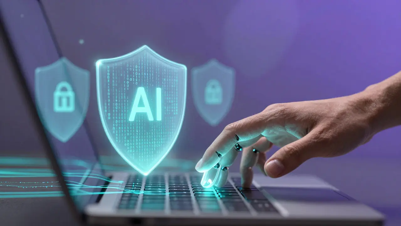 Human hand guiding AI robot hand with encryption shields around data