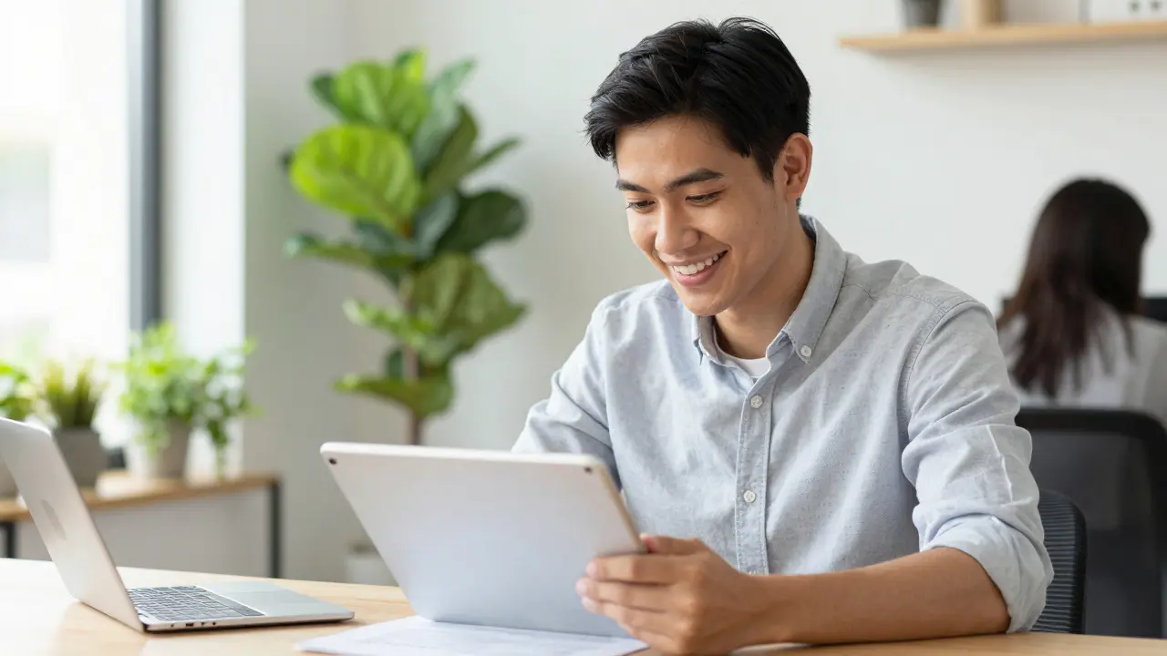 Professional editing AI-generated text on tablet in a sunny workspace