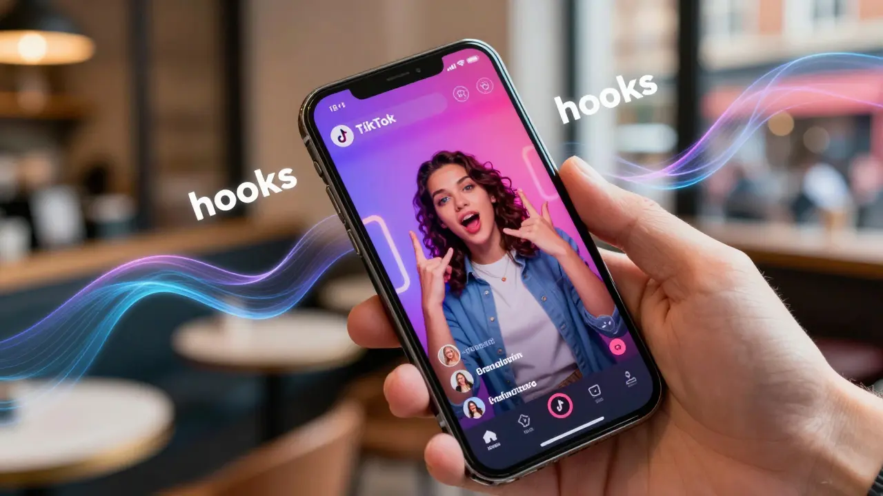 Smartphone showing TikTok video with AI script overlays