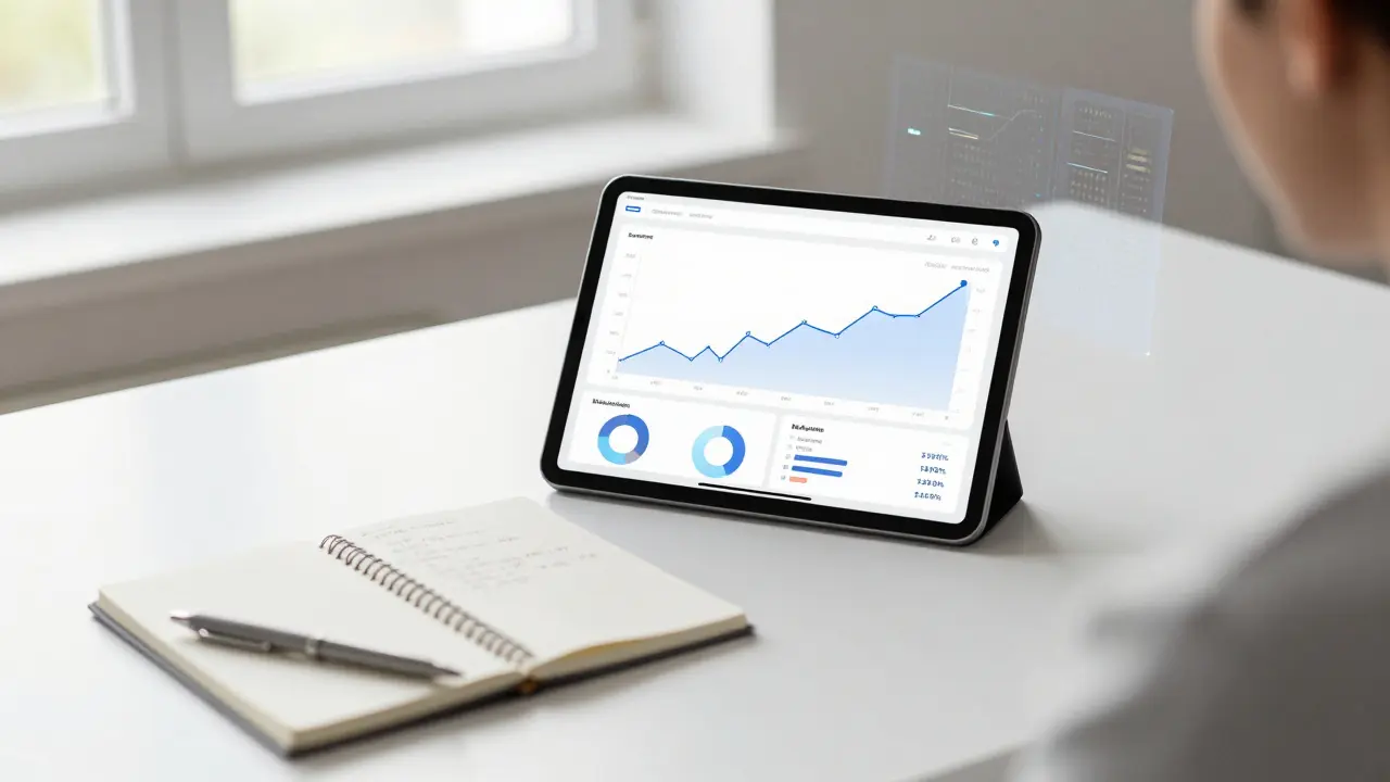 Tablet with analytics next to notebook on a clean desk