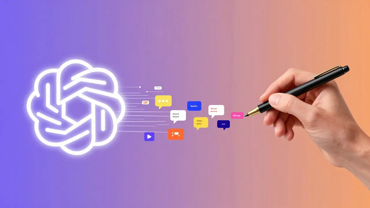 Abstract blend of AI data and human creativity forming social posts