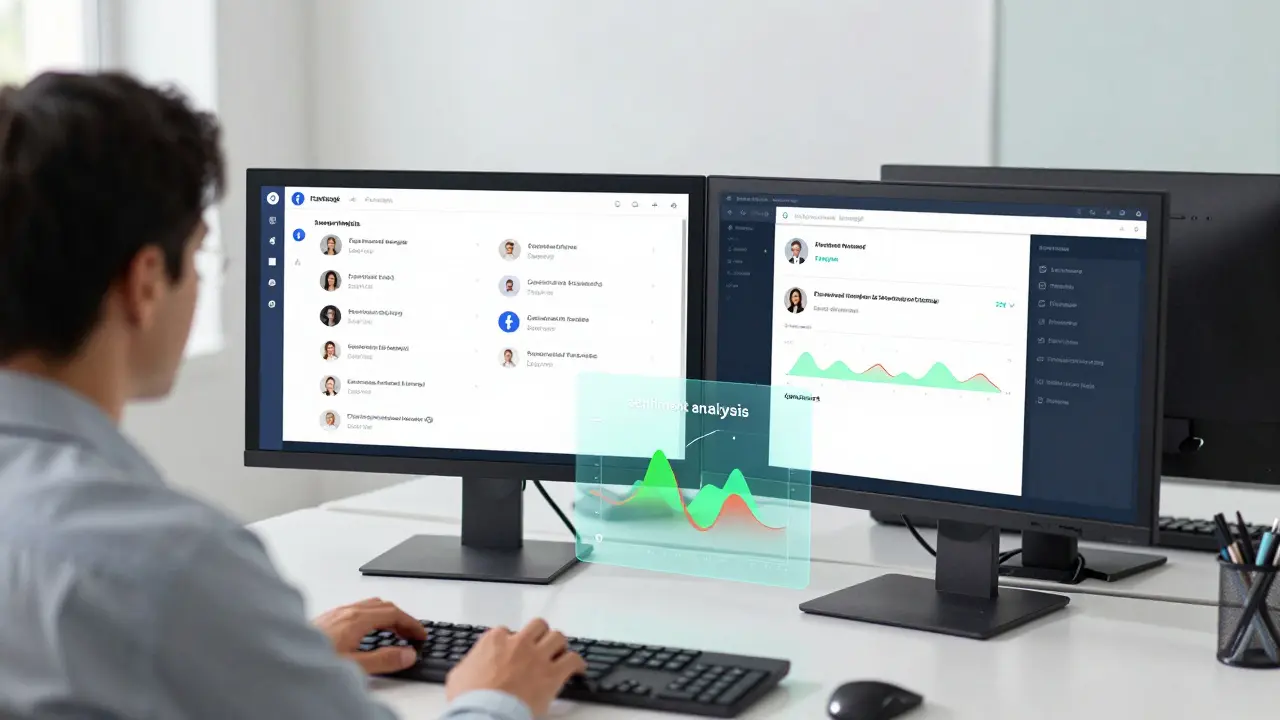 Business owner using AI dashboard to manage Facebook customer messages