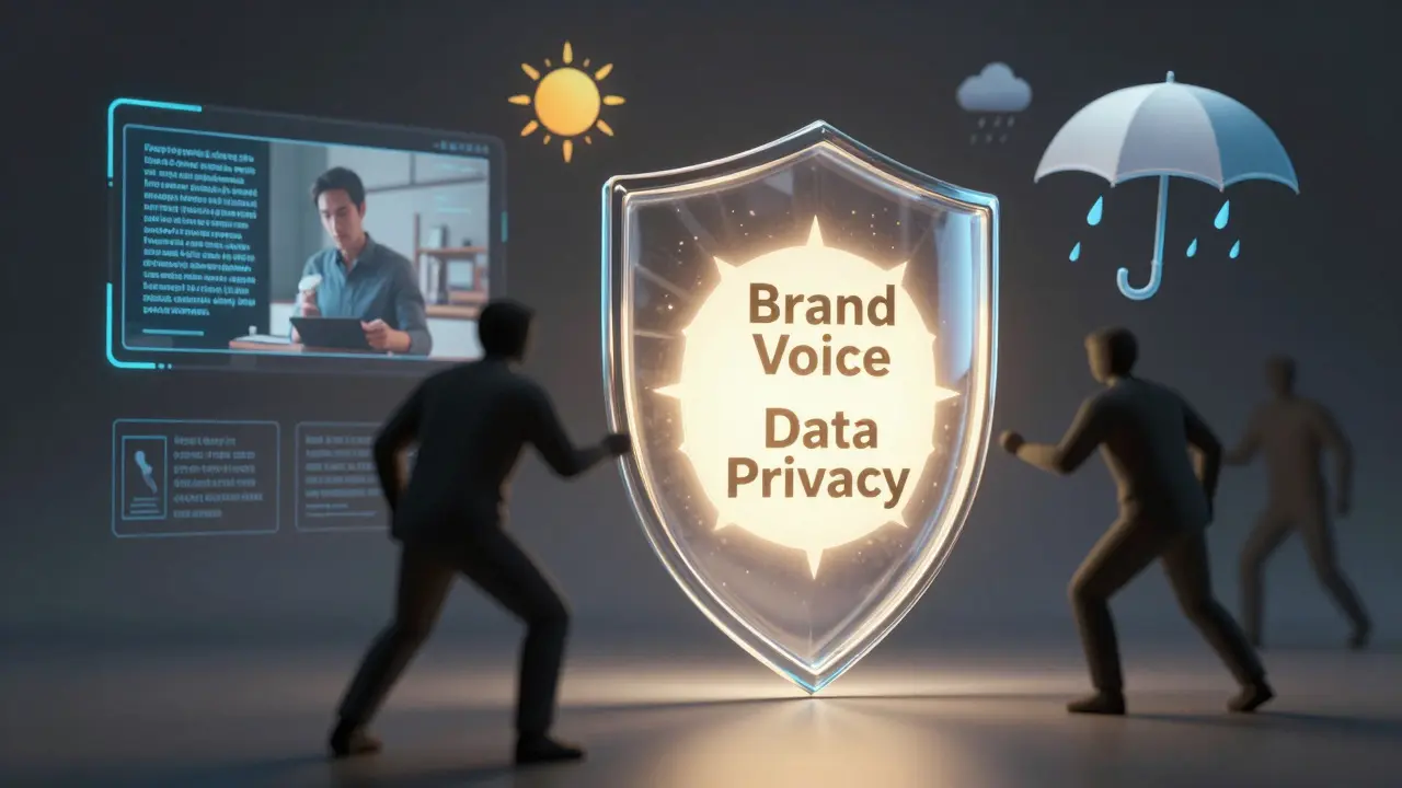 Conceptual art showing brand safety shields protecting against AI biases and ensuring privacy