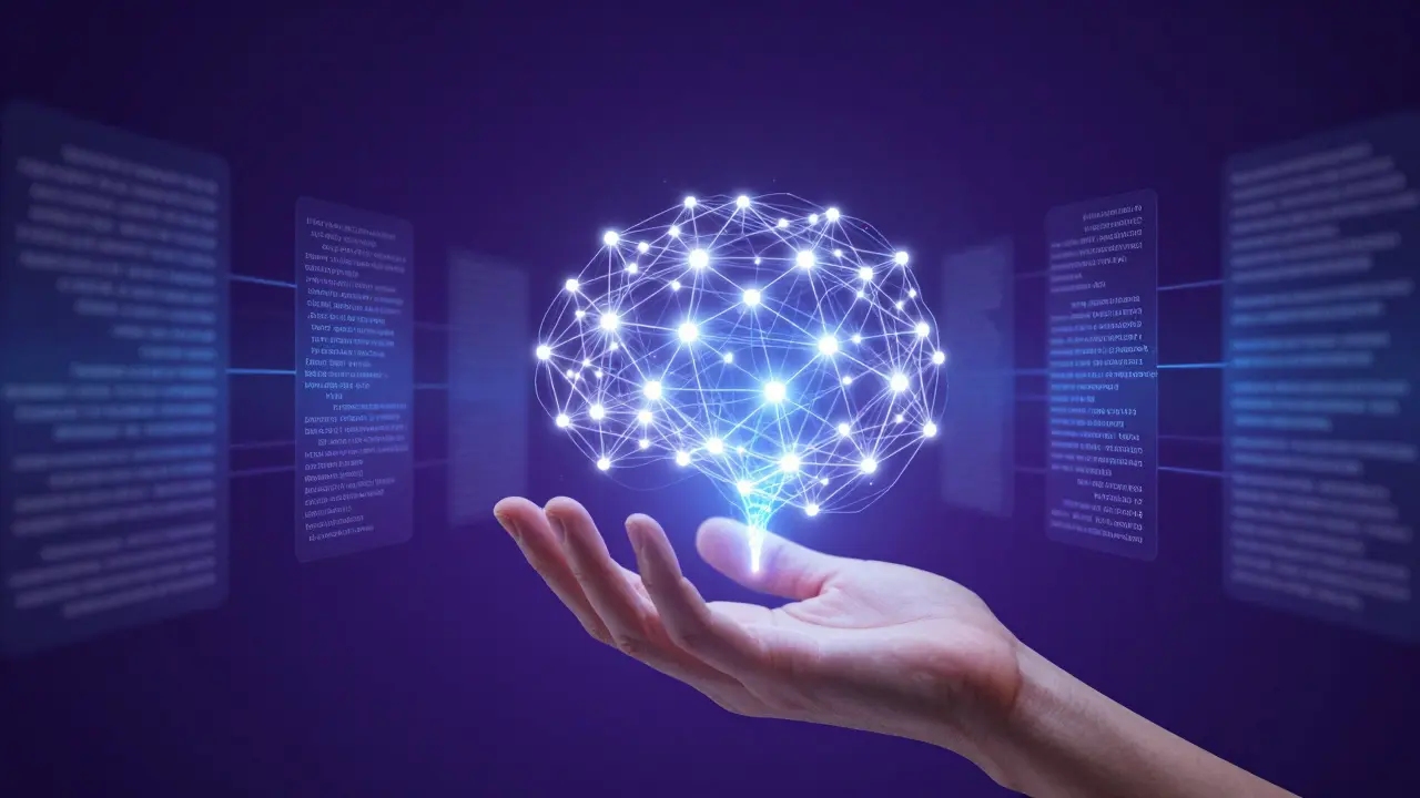 Hand guiding glowing neural network data streams