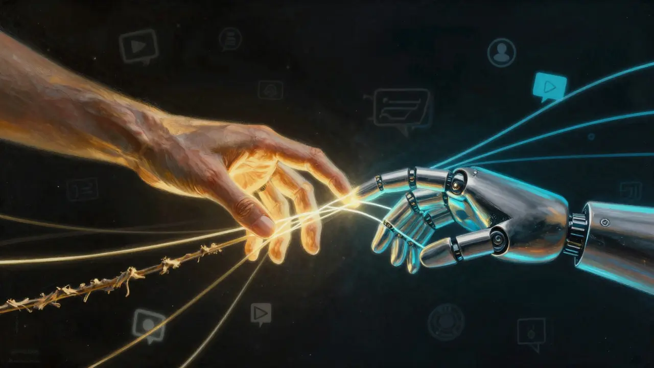 Human and robotic hands weaving light strands symbolizing hybrid communication