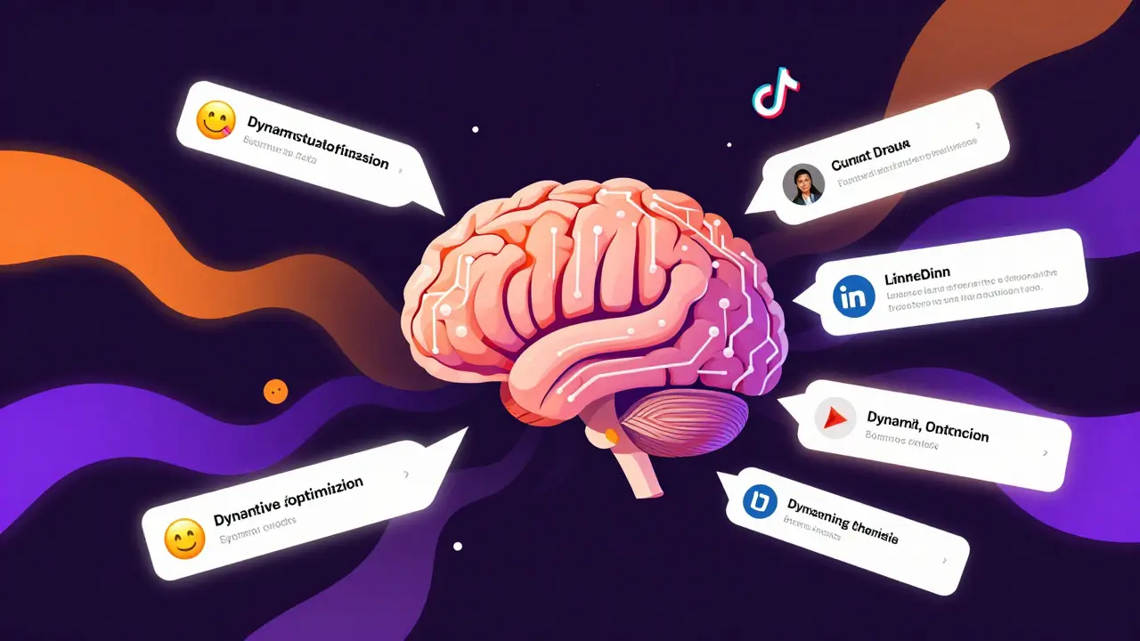 Illustration of AI adapting brand messaging for social media platforms like TikTok and LinkedIn